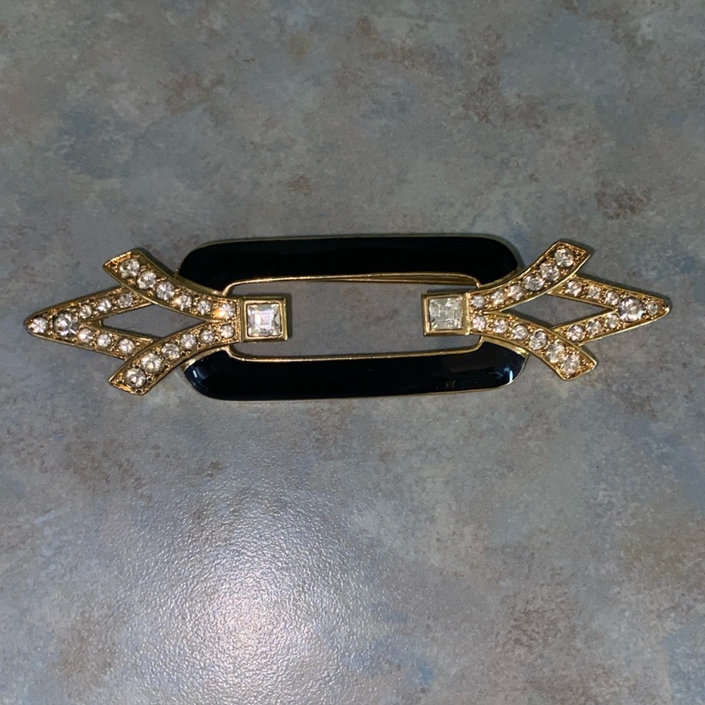 Vintage Art Deco Trifari TM Brooch Black Enamel & Rhinestones